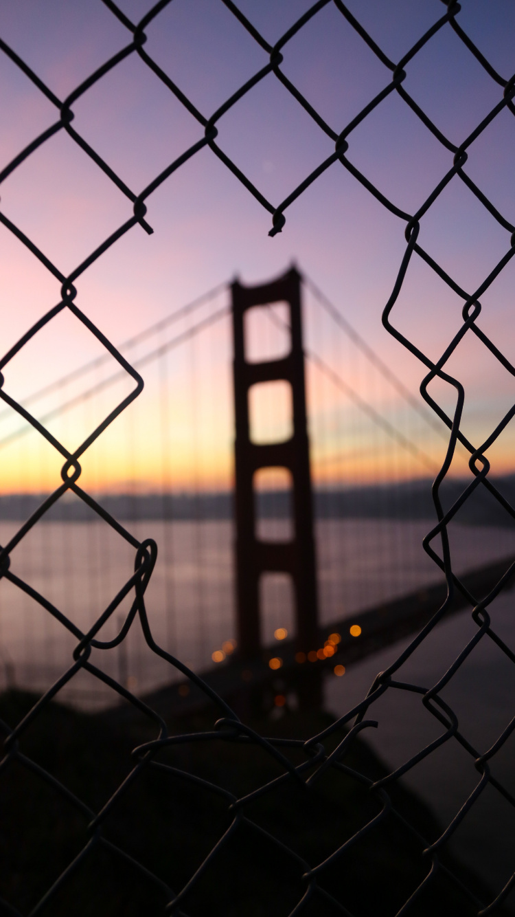 Обои мост Golden Gate, мост, забор, ограждать провода, закат в разрешении 750x1334