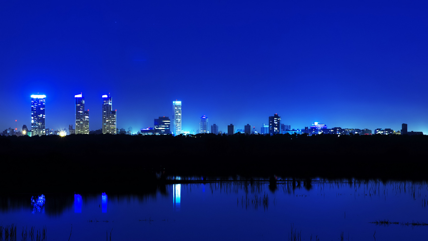 Обои отражение, горизонт, линия горизонта, ночь, вода в разрешении 1366x768