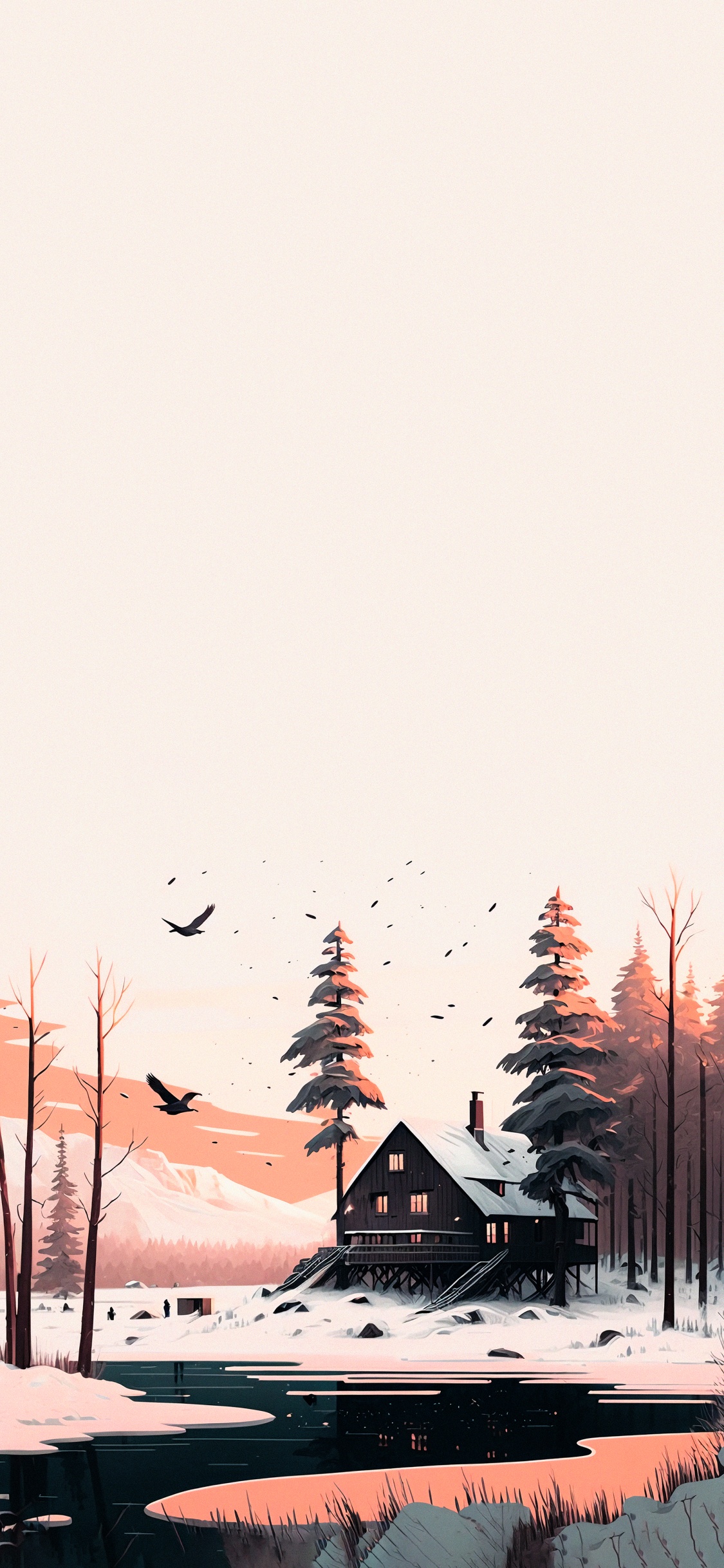 Обои здание, окно, дерево, снег, ветвь в разрешении 1125x2436