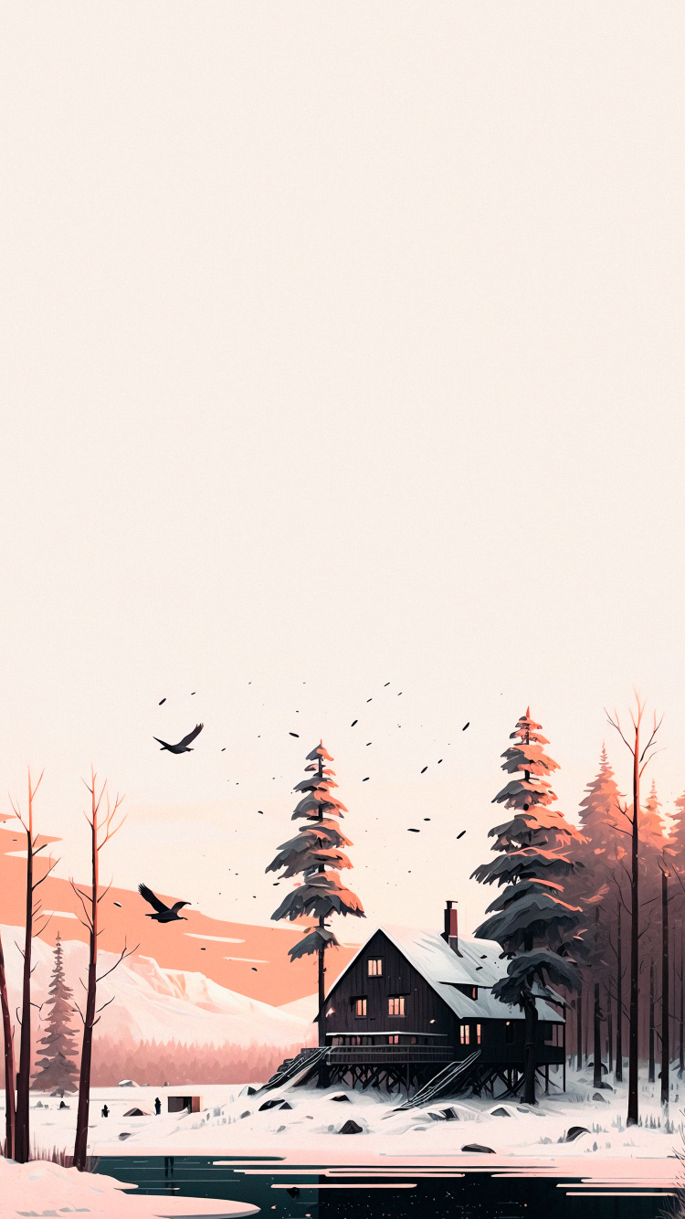 Обои здание, окно, дерево, снег, ветвь в разрешении 750x1334