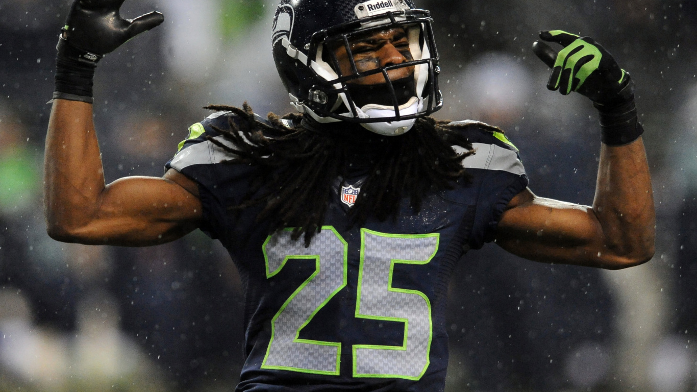 Обои Сиэтл сихокс, игрок, футбольный шлем, соревнования, Денвер бронкос в разрешении 1366x768