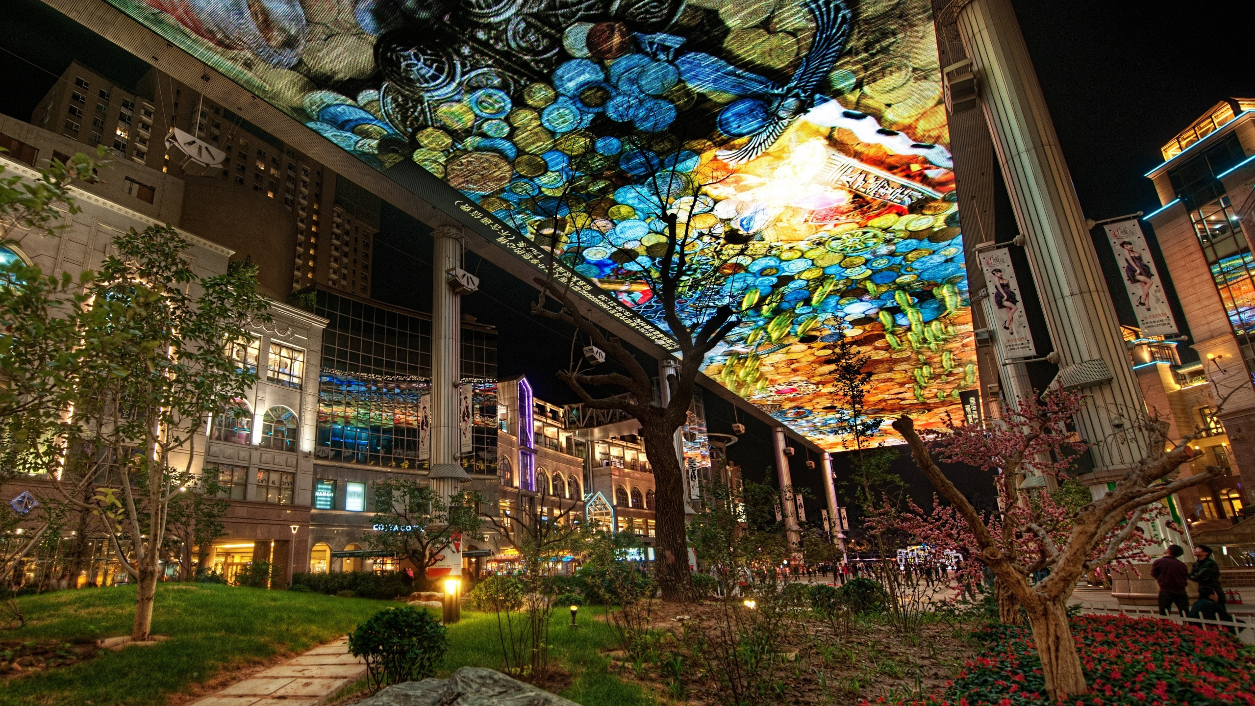 Обои дерево, ночь, городок, освещение, столица в разрешении 2560x1440