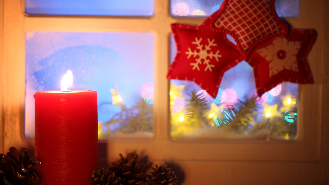 Обои Рождественский день, Рождественские украшения, праздник, Рождественские огни, Рождественские окно в разрешении 1280x720