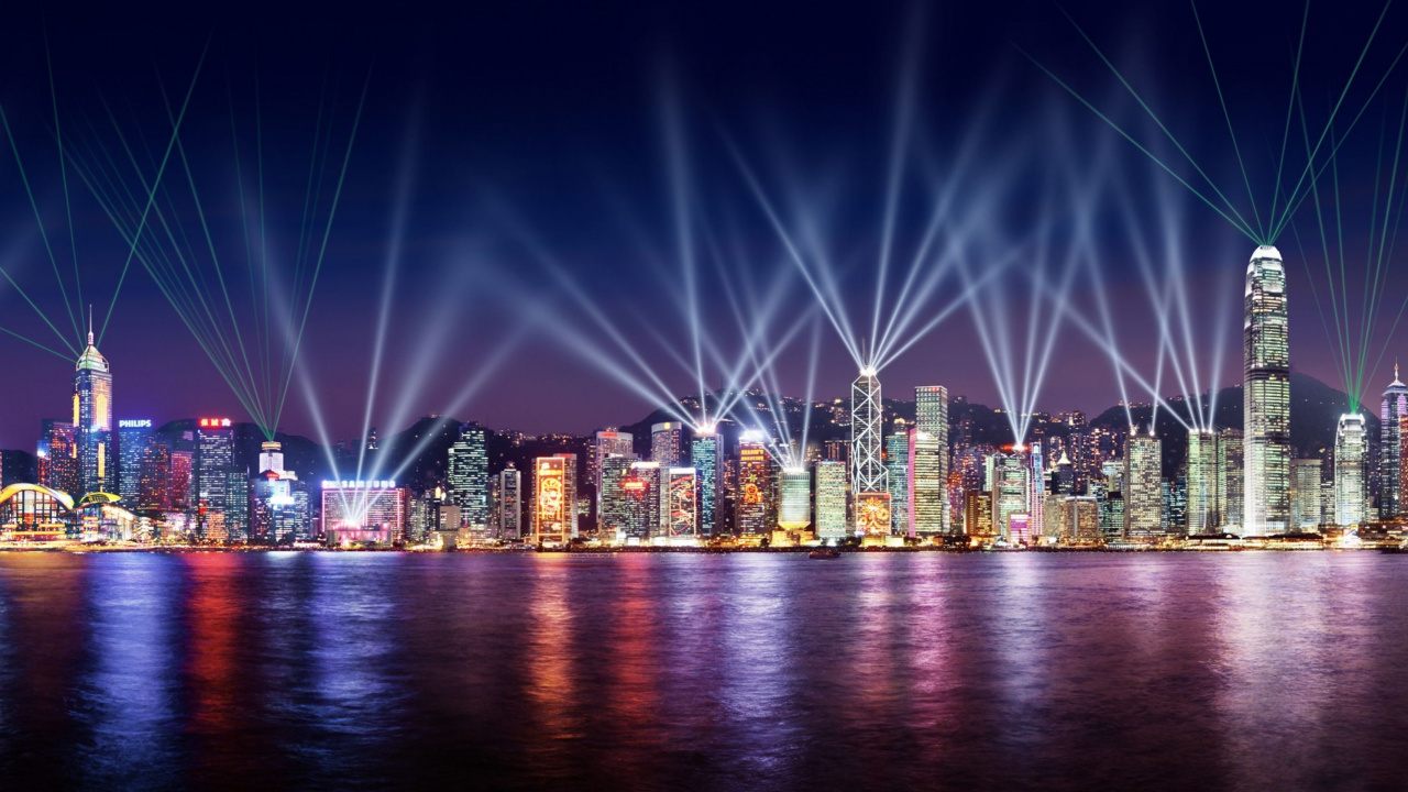 Обои Гавань Виктория, Симфония огней, городской пейзаж, город, линия горизонта в разрешении 1280x720