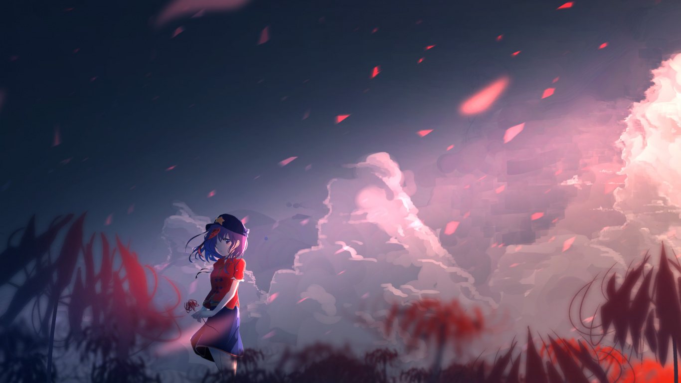 Обои проект тохо, аниме, красный цвет, облако, иллюстрация в разрешении 1366x768