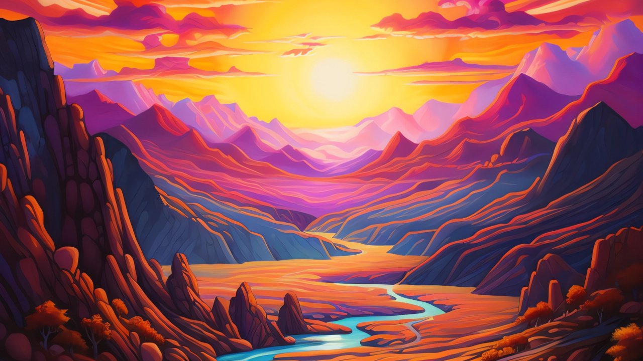 Обои послесвечение, живопись, визуальное искусство, акриловая краска, закат в разрешении 1280x720