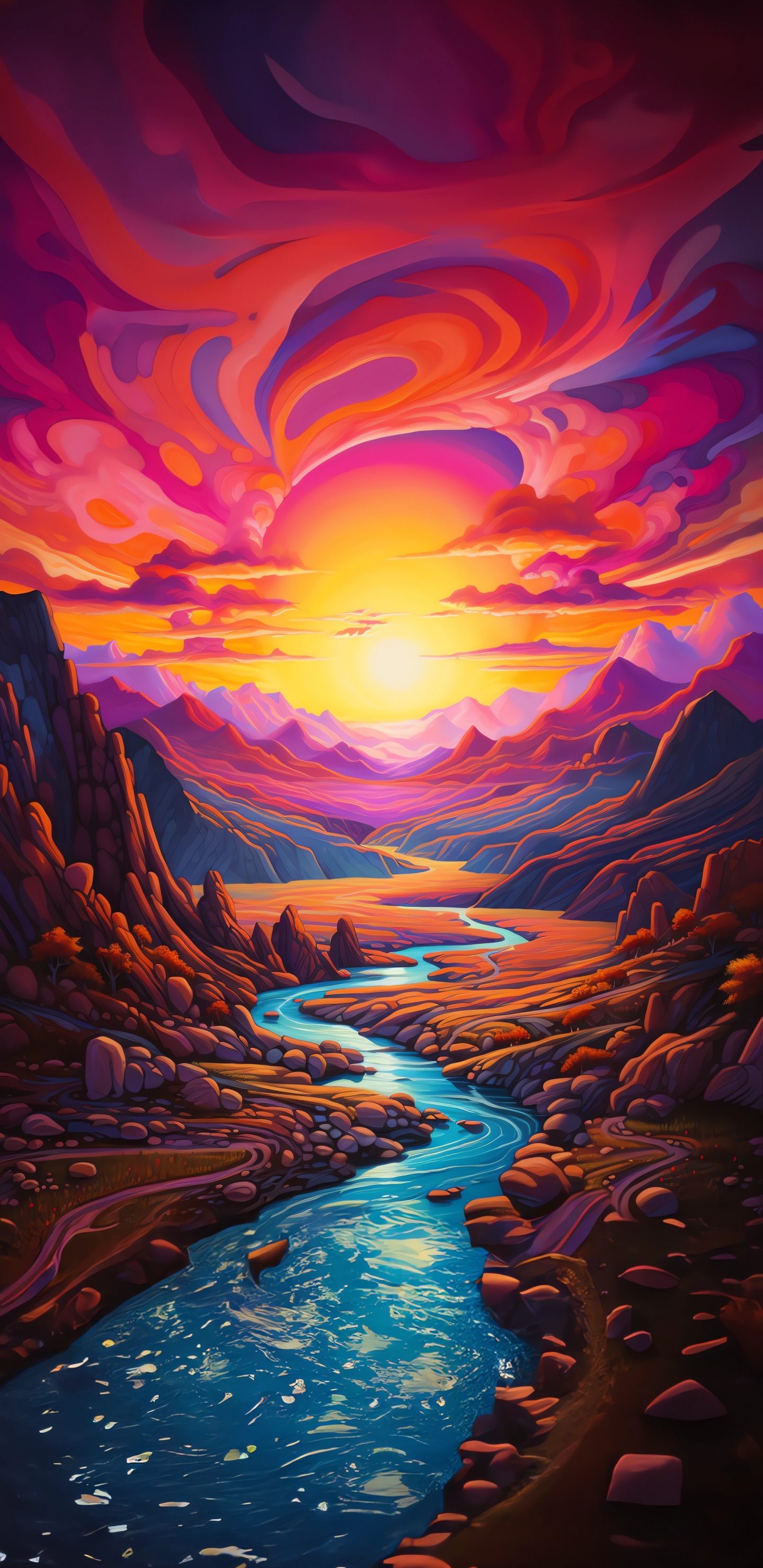 Обои послесвечение, живопись, визуальное искусство, акриловая краска, закат в разрешении 1440x2960