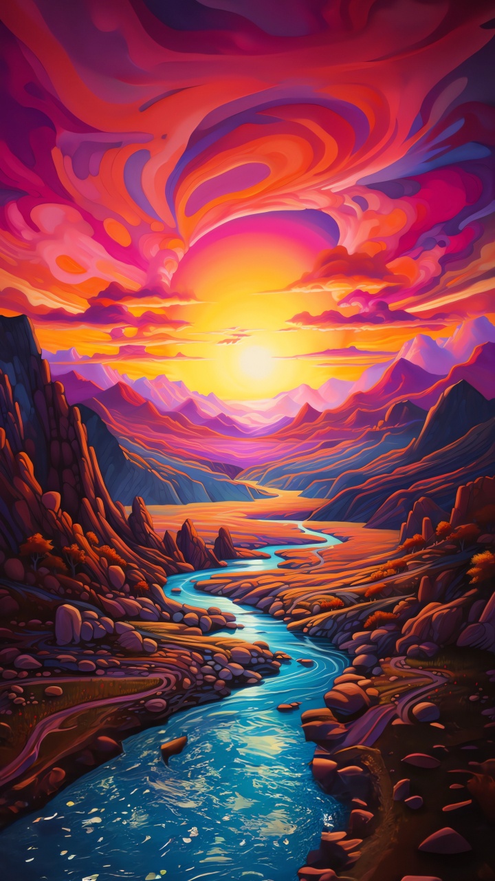 Обои послесвечение, живопись, визуальное искусство, акриловая краска, закат в разрешении 720x1280