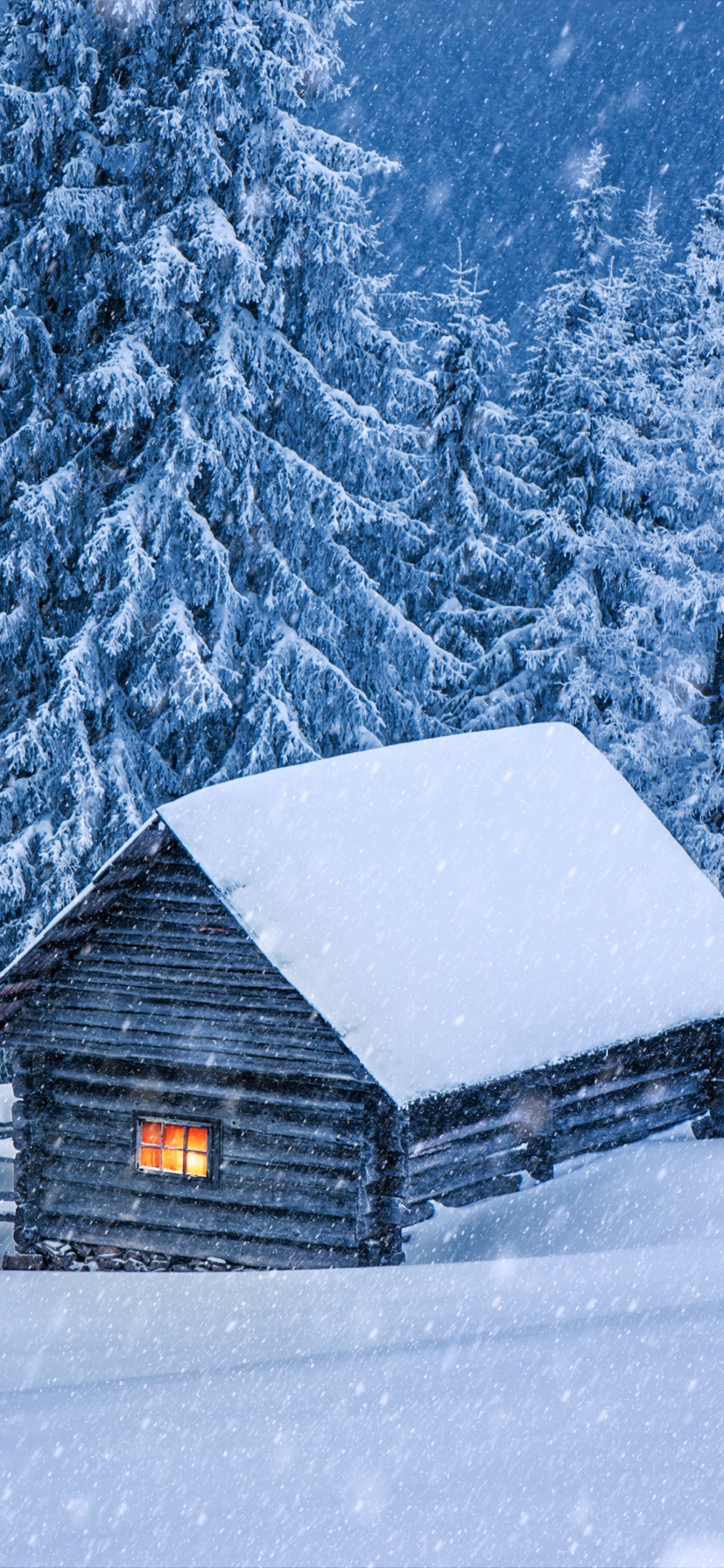 Обои коттедж, зима, бревенчатый домик, снег, дерево в разрешении 1125x2436