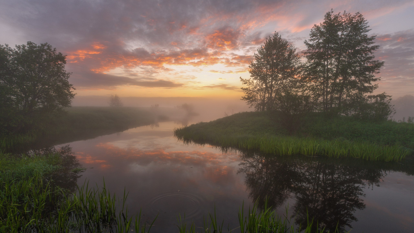 Обои отражение, природа, утро, вода, реки в разрешении 1366x768