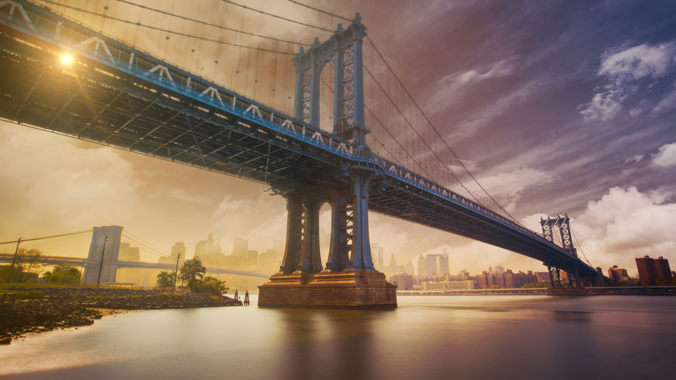 Обои манхэттенский мост, подвесной мост, мост, ориентир, утро в разрешении 1366x768