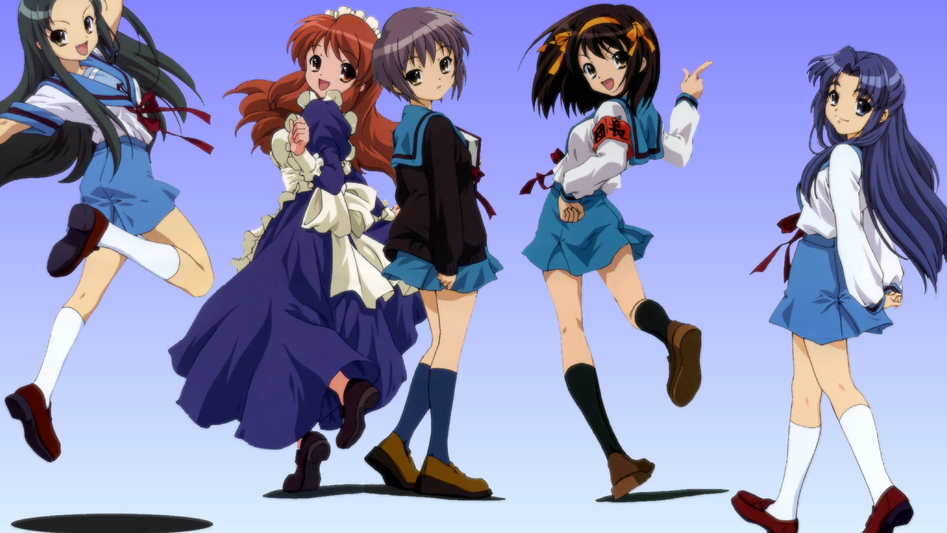 Обои Харухи судзумия, Юки Нагато, Микура Асахина, форма, униформа в разрешении 1920x1080