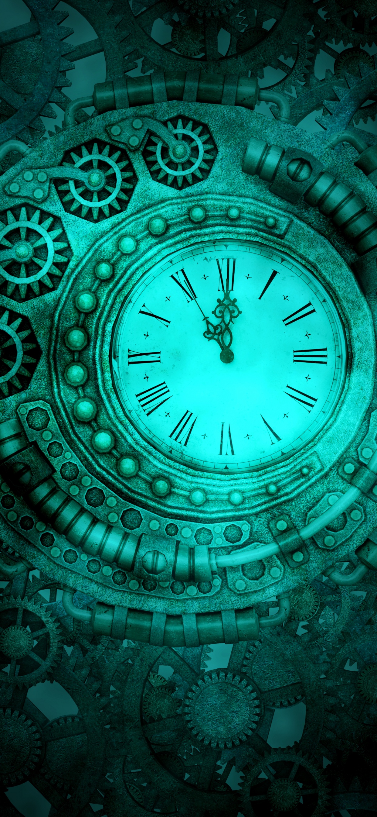 Обои стимпанк, часы, зеленый, Аква, синий в разрешении 1242x2688