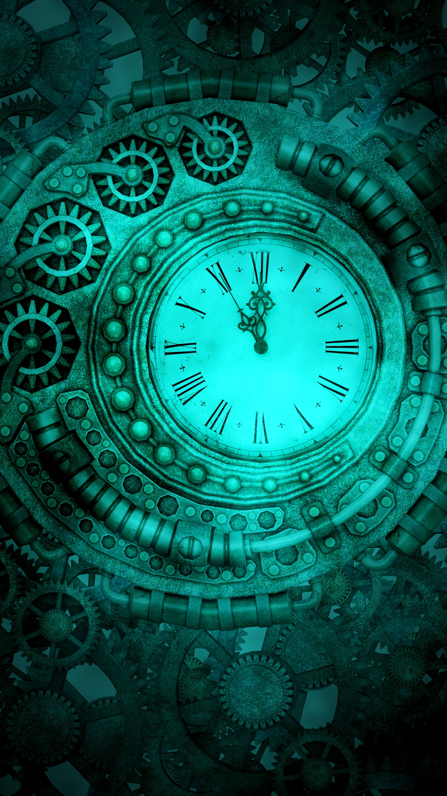 Обои стимпанк, часы, зеленый, Аква, синий в разрешении 1440x2560