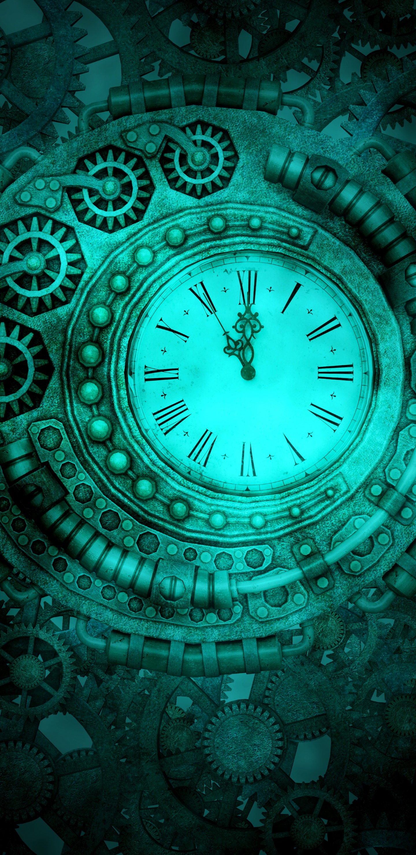 Обои стимпанк, часы, зеленый, Аква, синий в разрешении 1440x2960