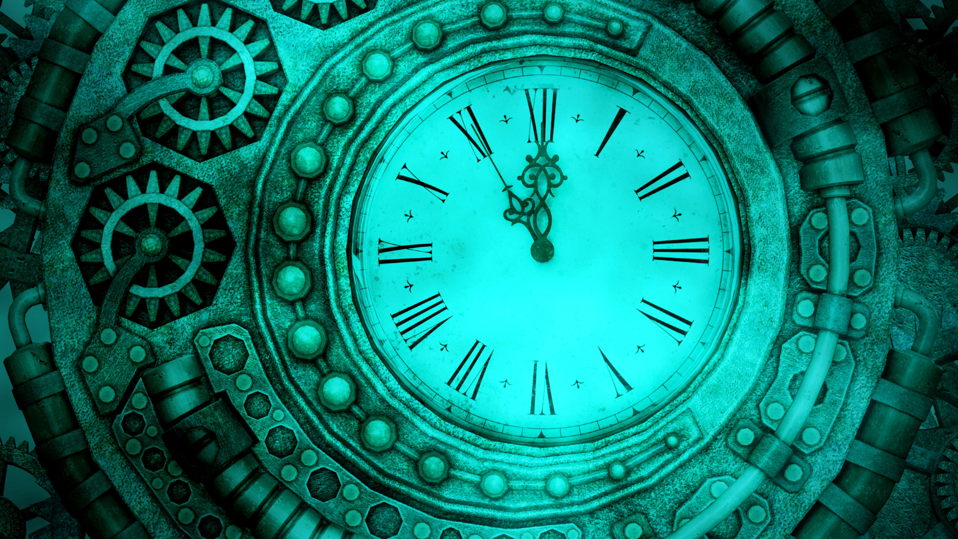 Обои стимпанк, часы, зеленый, Аква, синий в разрешении 1920x1080
