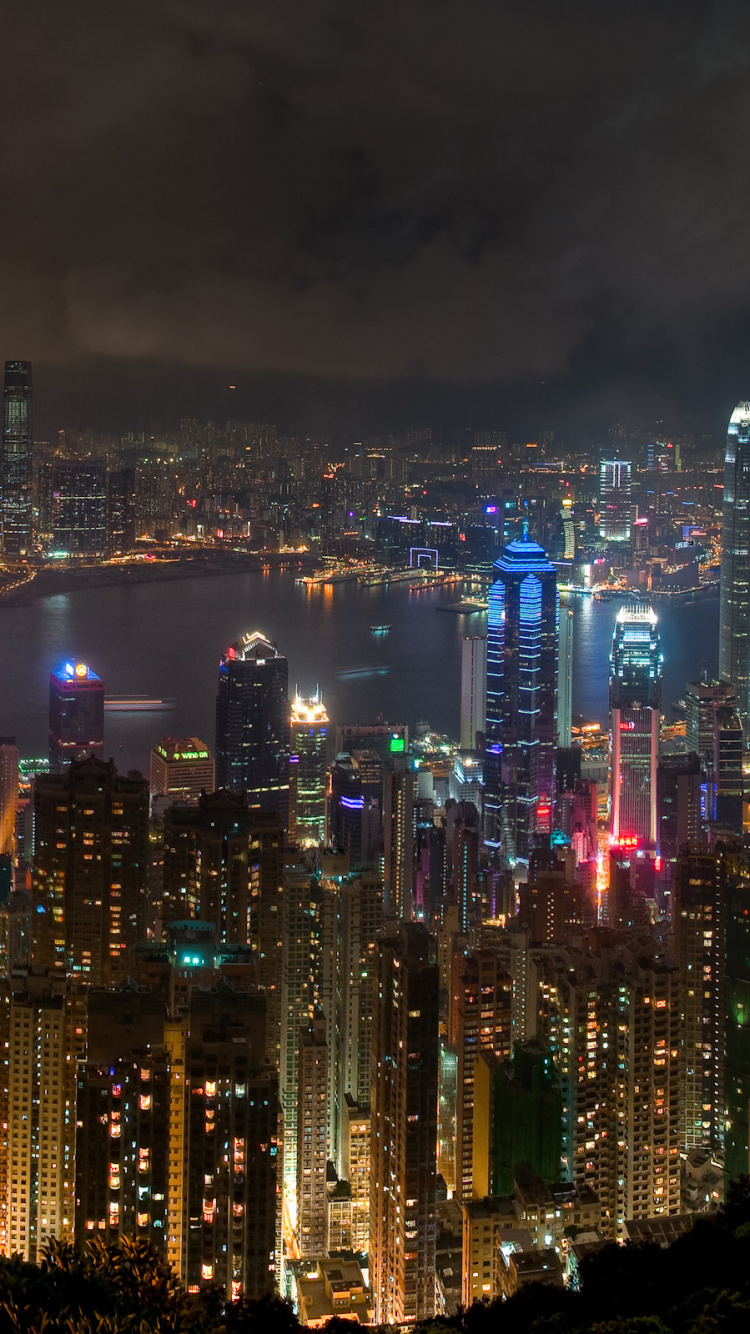 Обои Гонконг, ночь, городской пейзаж, метрополия, город в разрешении 750x1334