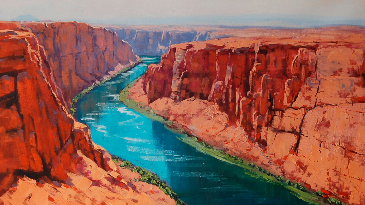 Обои каньон, рисование, живопись, арт, произведение искусства в разрешении 1280x720