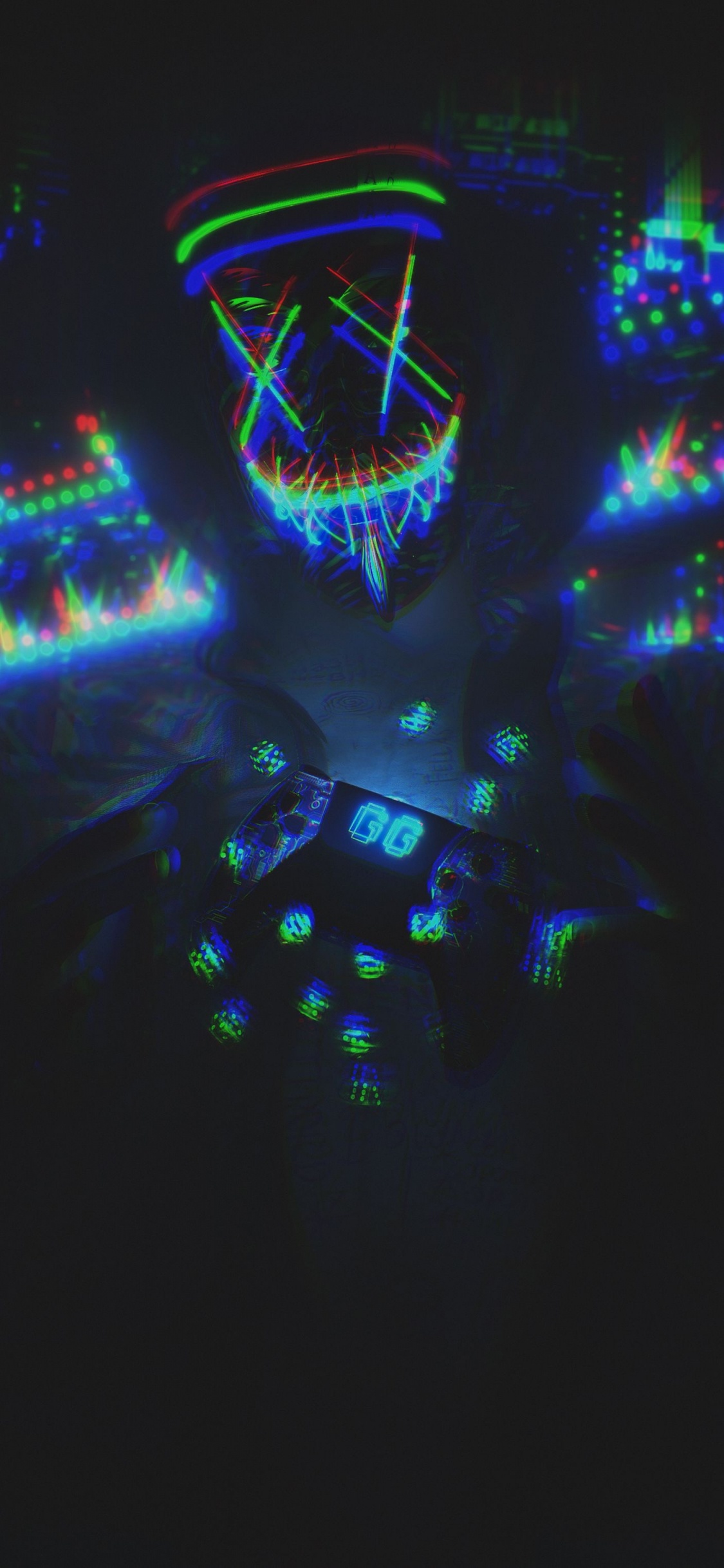 Обои Маска Неон, свет, развлечение, Визуальный эффект освещения, газ в разрешении 1125x2436