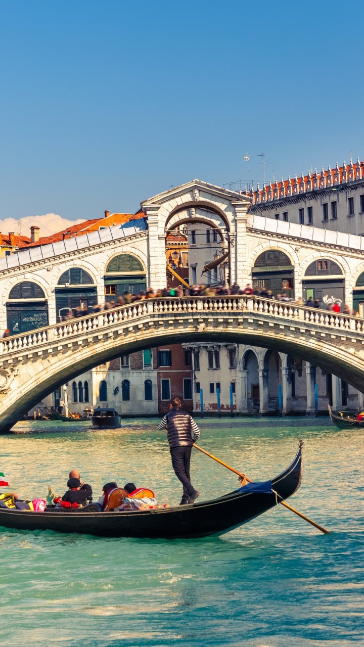 Обои мост Риальто, гондола, перевозка воды, водный путь, канал в разрешении 720x1280