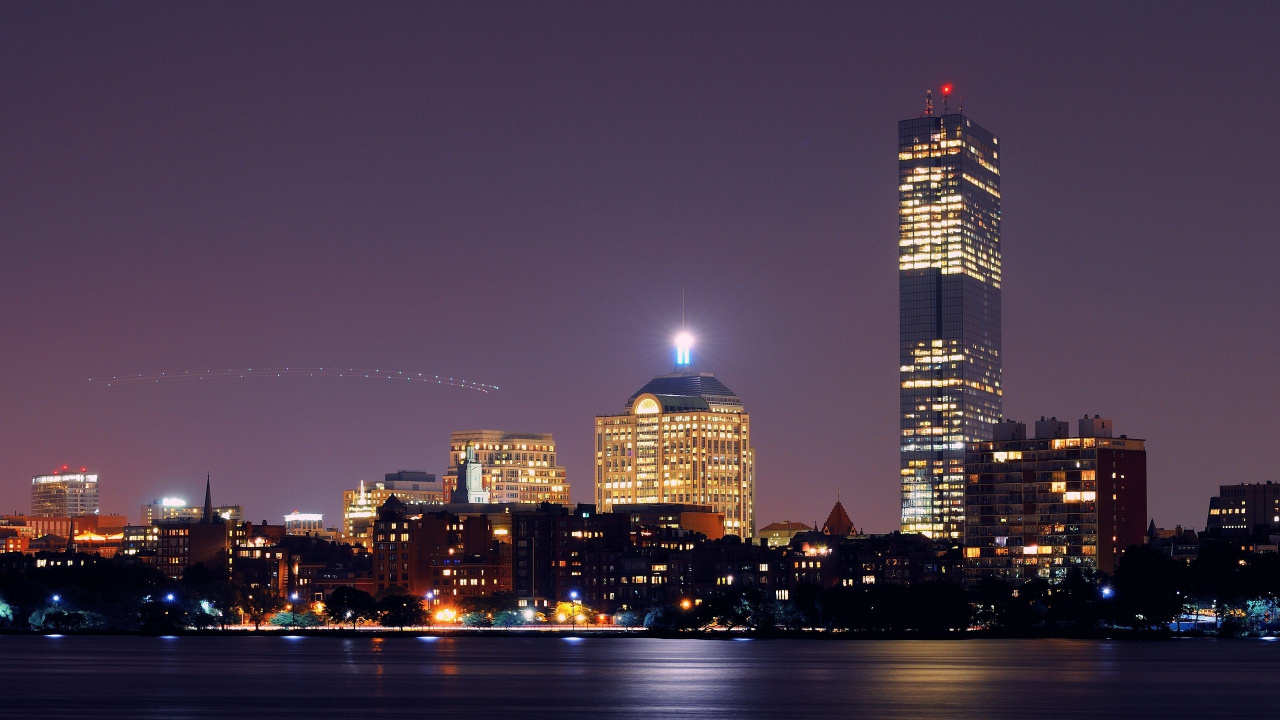 Обои Бостон, линия горизонта, городской пейзаж, город, ночь в разрешении 1280x720