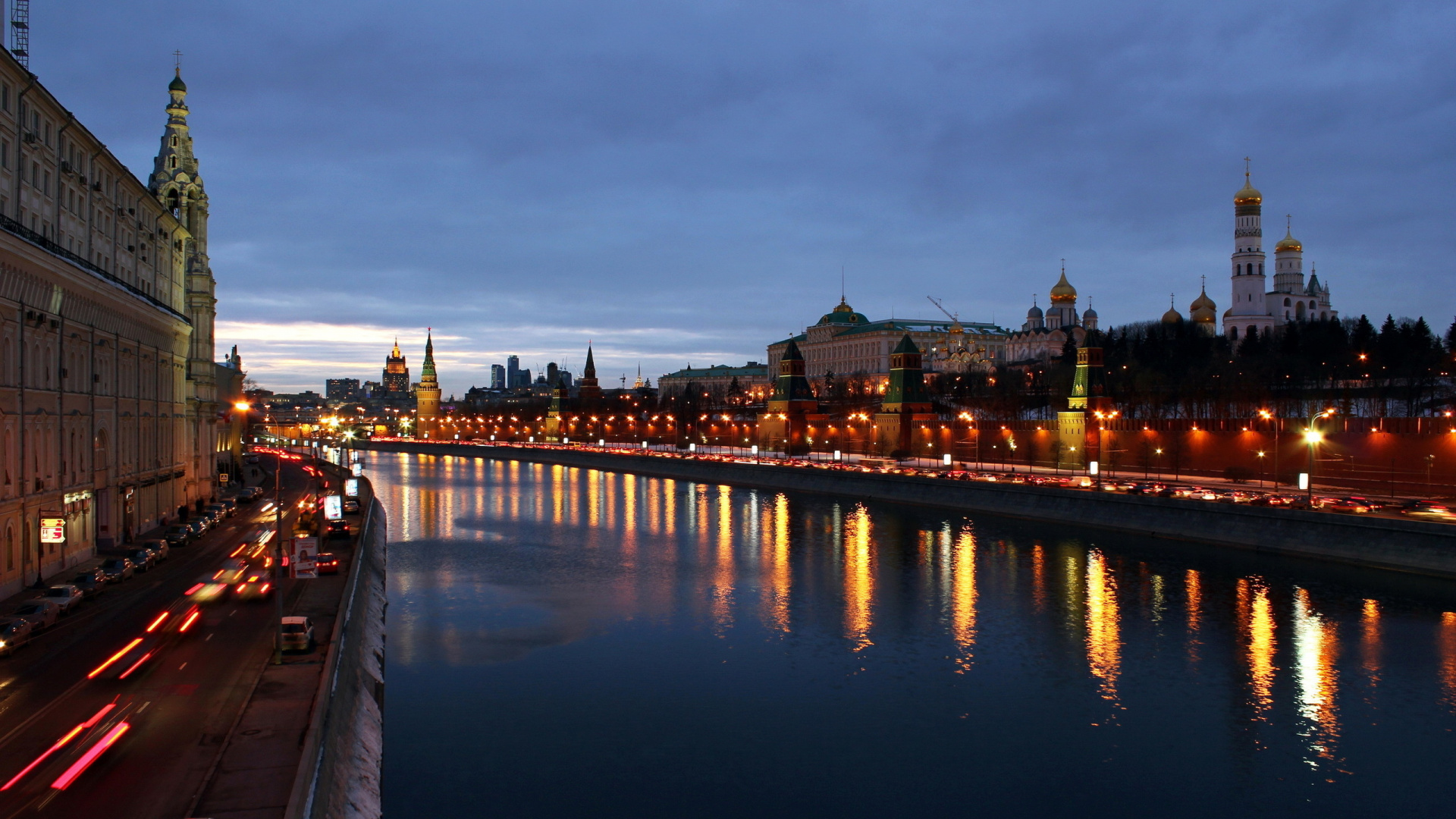 Обои водный путь, отражение, ночь, реки, ориентир в разрешении 1920x1080