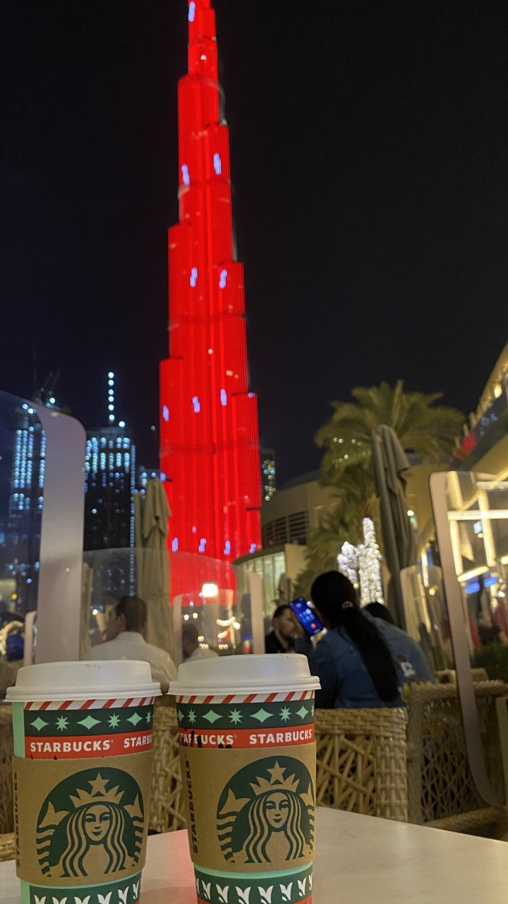 Обои Дубай, Бурдж Халифа, старбакс, новый логотип starbucks 2011, ночь в разрешении 720x1280
