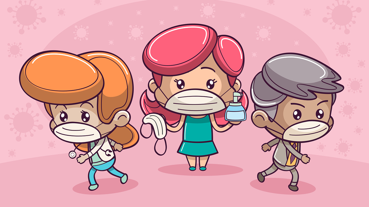 Обои вирус, коронавирус, COVID-19, нет маски, нет входа для детей, мультфильм в разрешении 1280x720