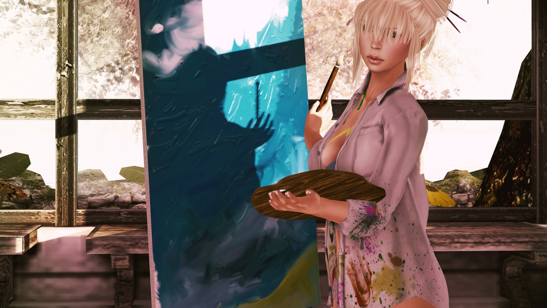 Обои мольберт, рисование, прическа, мультфильм, дизайн одежды в разрешении 1920x1080