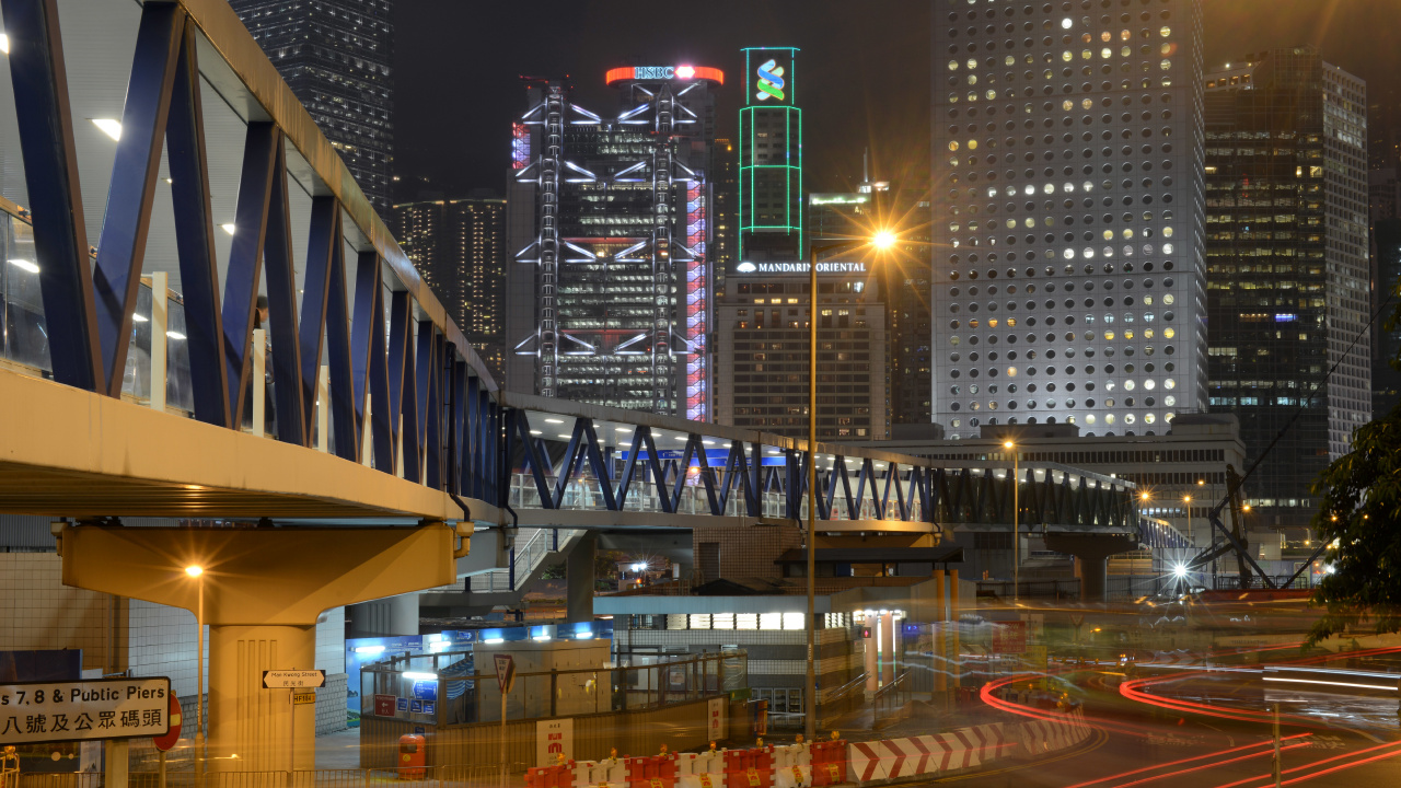 Обои Гонконг, метрополия, город, городской район, ночь в разрешении 1280x720