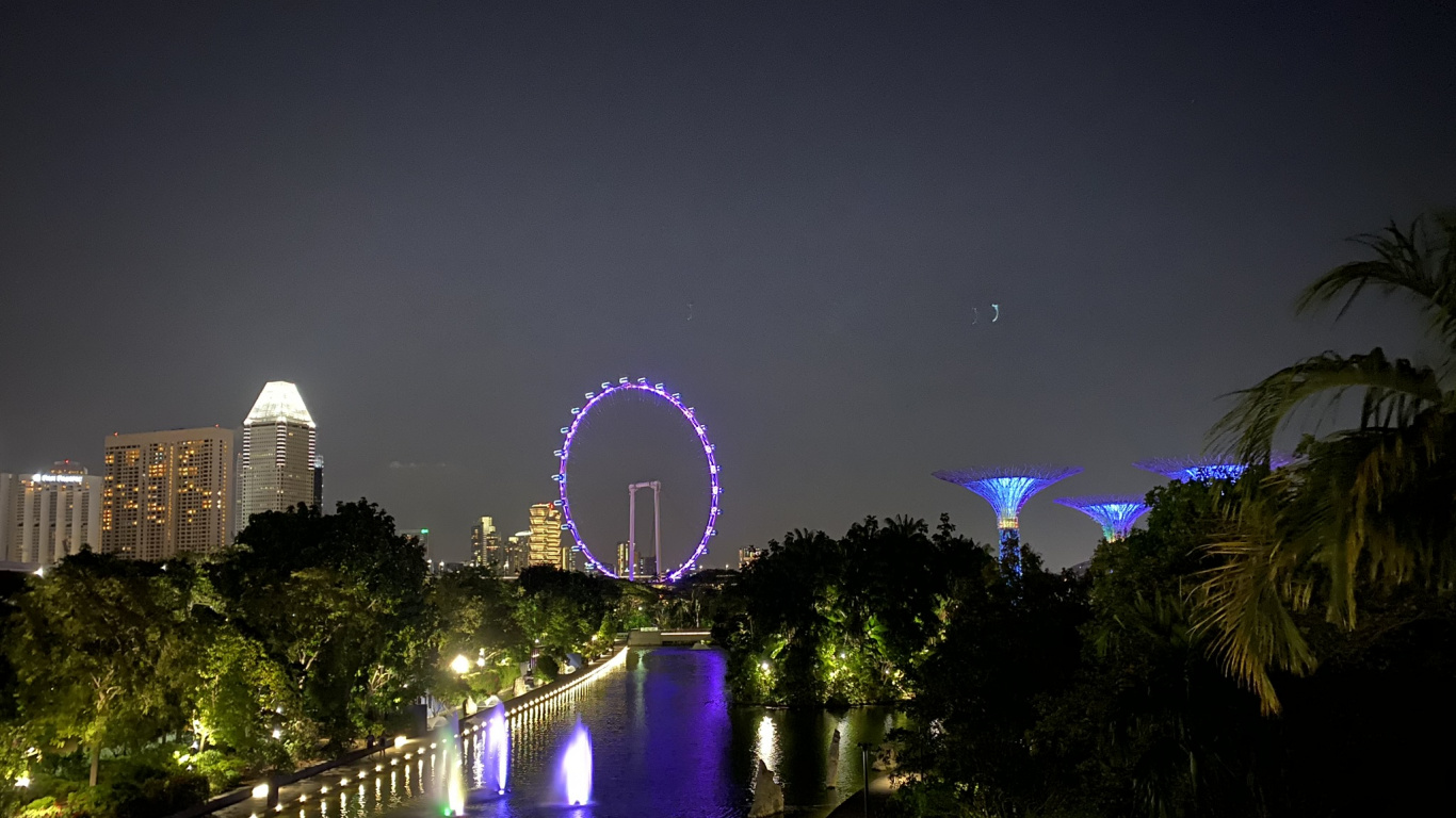 Обои Сингапур, отражение, ночь, метрополия, ориентир в разрешении 1366x768