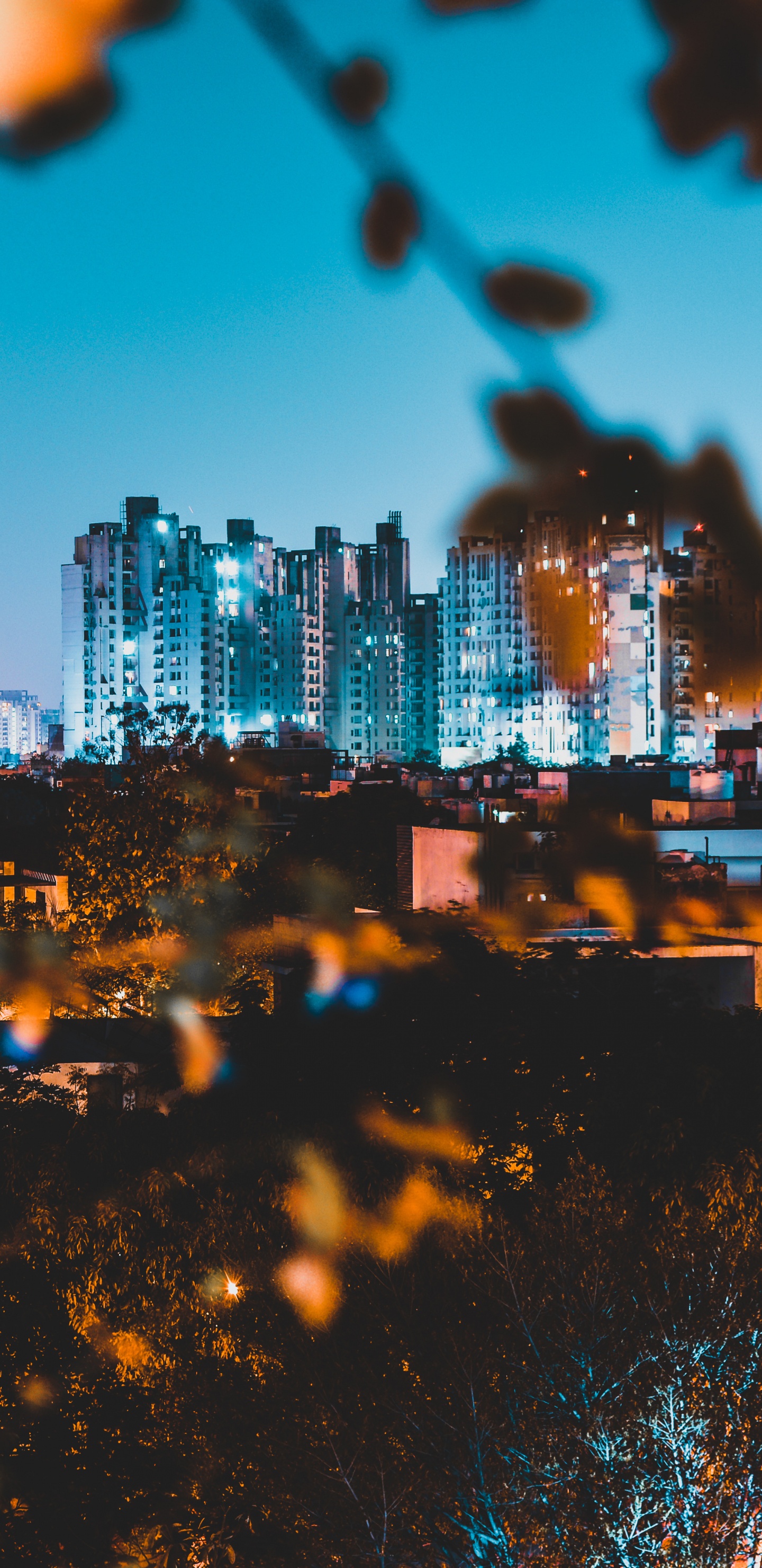 Обои небо, свет, небоскреб, архитектура, населенный пункт в разрешении 1440x2960