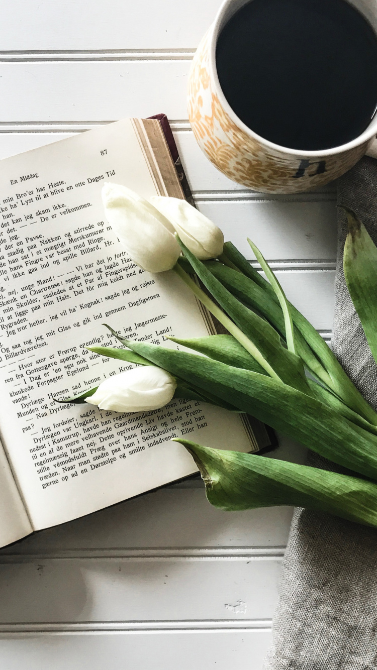 Обои кофе, книга, кофейня, растение, чашка в разрешении 750x1334