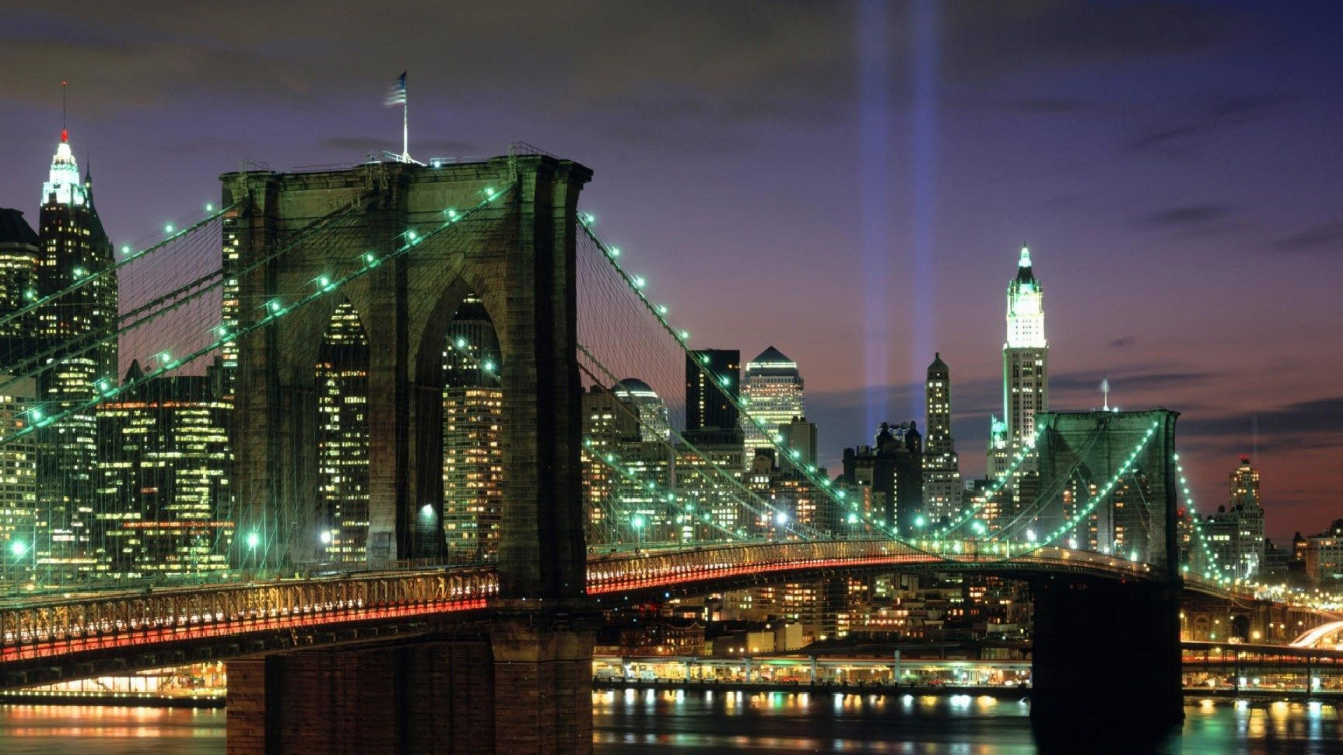 Обои Бруклинский мост, городской пейзаж, город, метрополия, ночь в разрешении 1920x1080