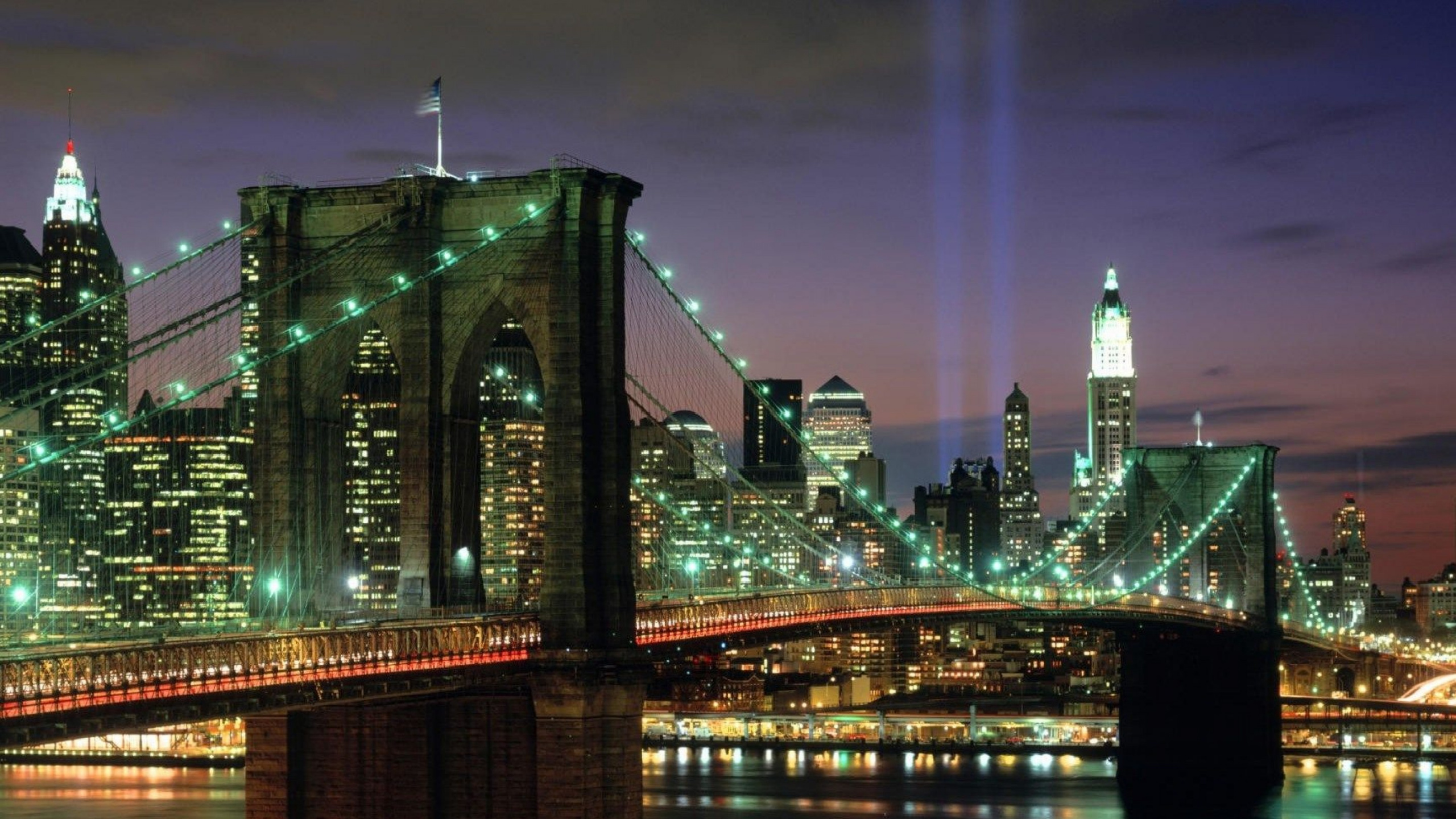 Обои Бруклинский мост, городской пейзаж, город, метрополия, ночь в разрешении 2560x1440