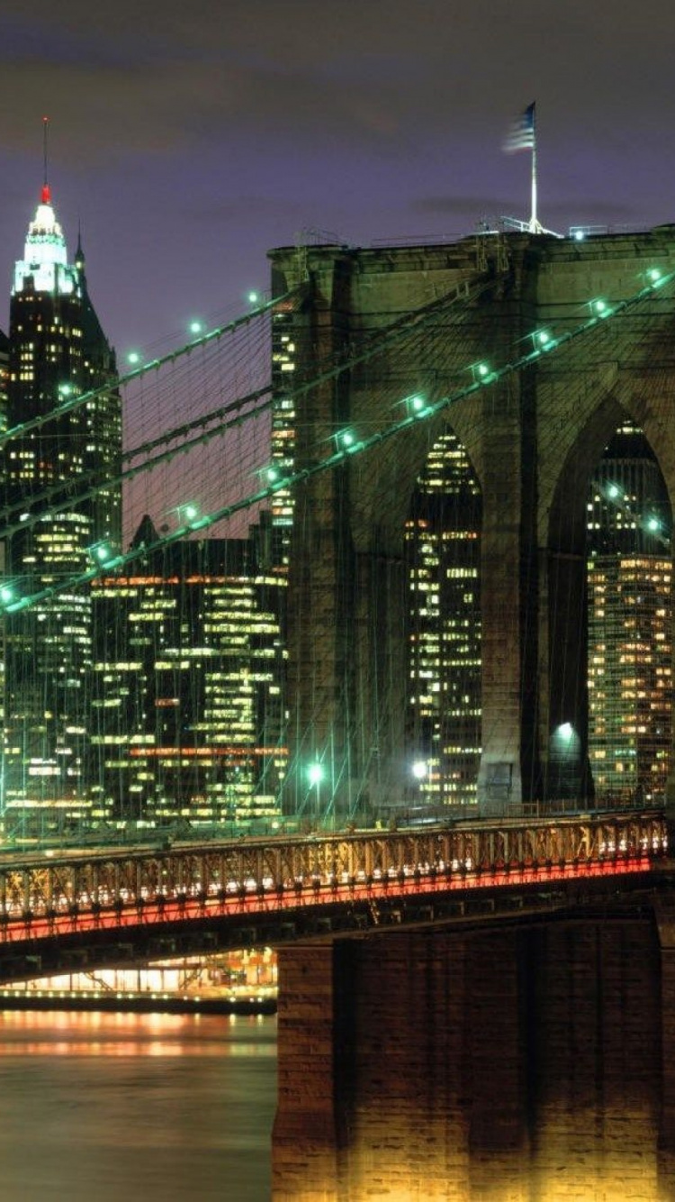 Обои Бруклинский мост, городской пейзаж, город, метрополия, ночь в разрешении 750x1334