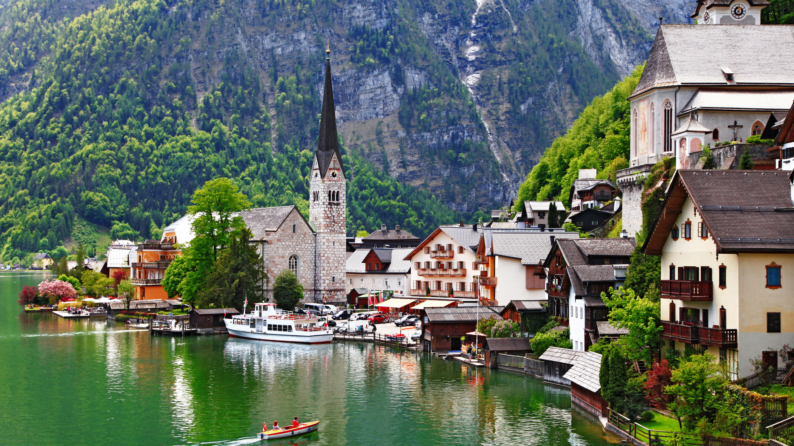 Обои гальштат, горная деревня, городок, горный хребет, озеро в разрешении 2560x1440