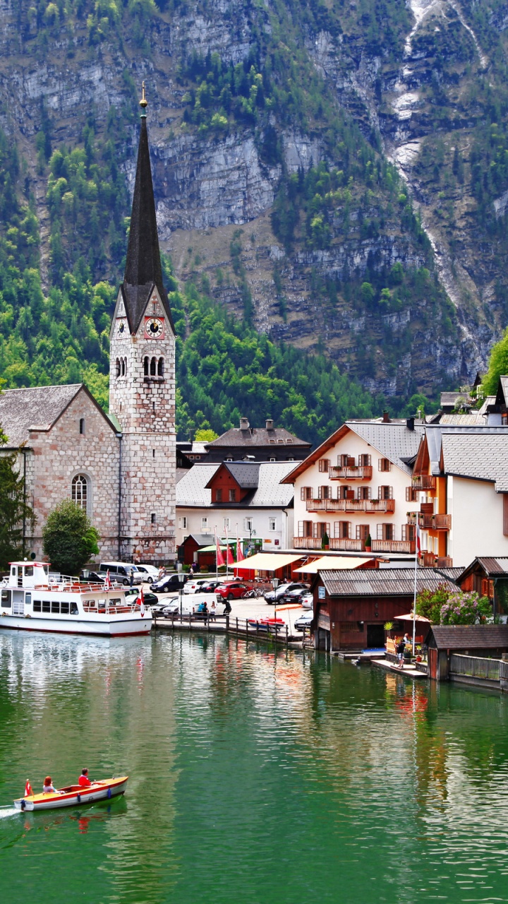 Обои гальштат, горная деревня, городок, горный хребет, озеро в разрешении 720x1280