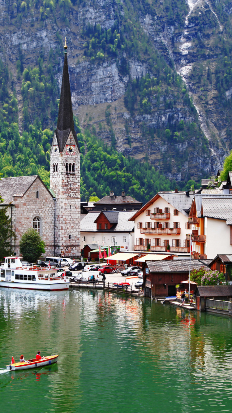 Обои гальштат, горная деревня, городок, горный хребет, озеро в разрешении 750x1334