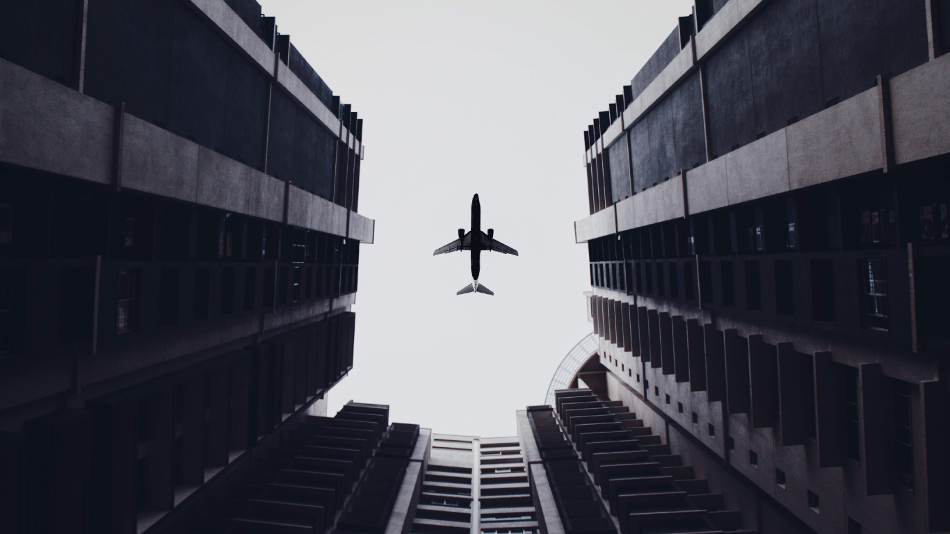 Обои самолет, белые, черный, архитектура, монохромный в разрешении 1366x768