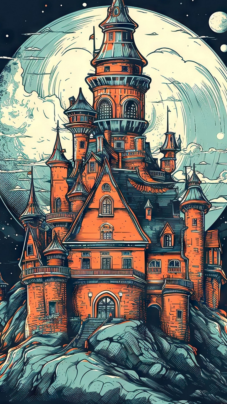 Обои средневековая архитектура, арт, архитектура, визуальное искусство, рисование в разрешении 750x1334