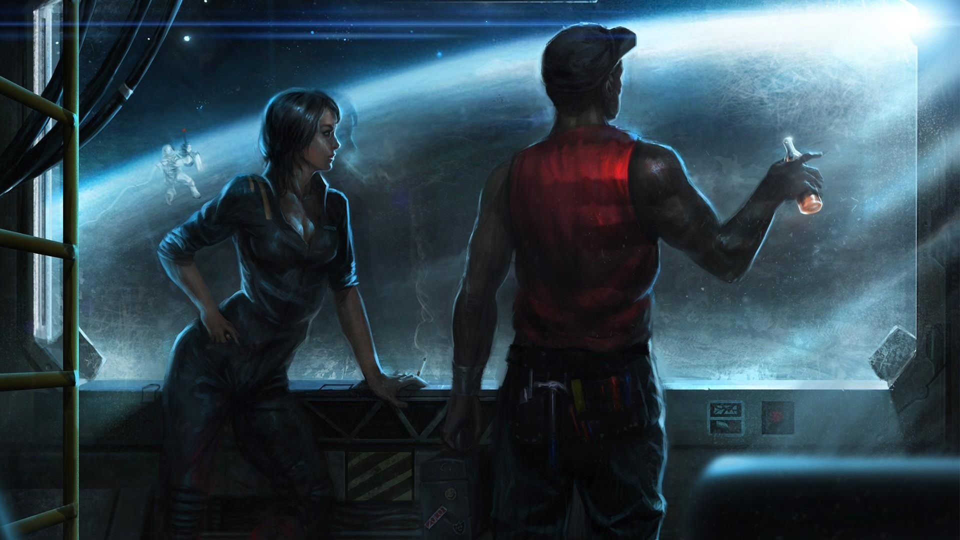 Обои компьютерная игра, девушка, полночь, видеоэффекты, звездолет в разрешении 1920x1080