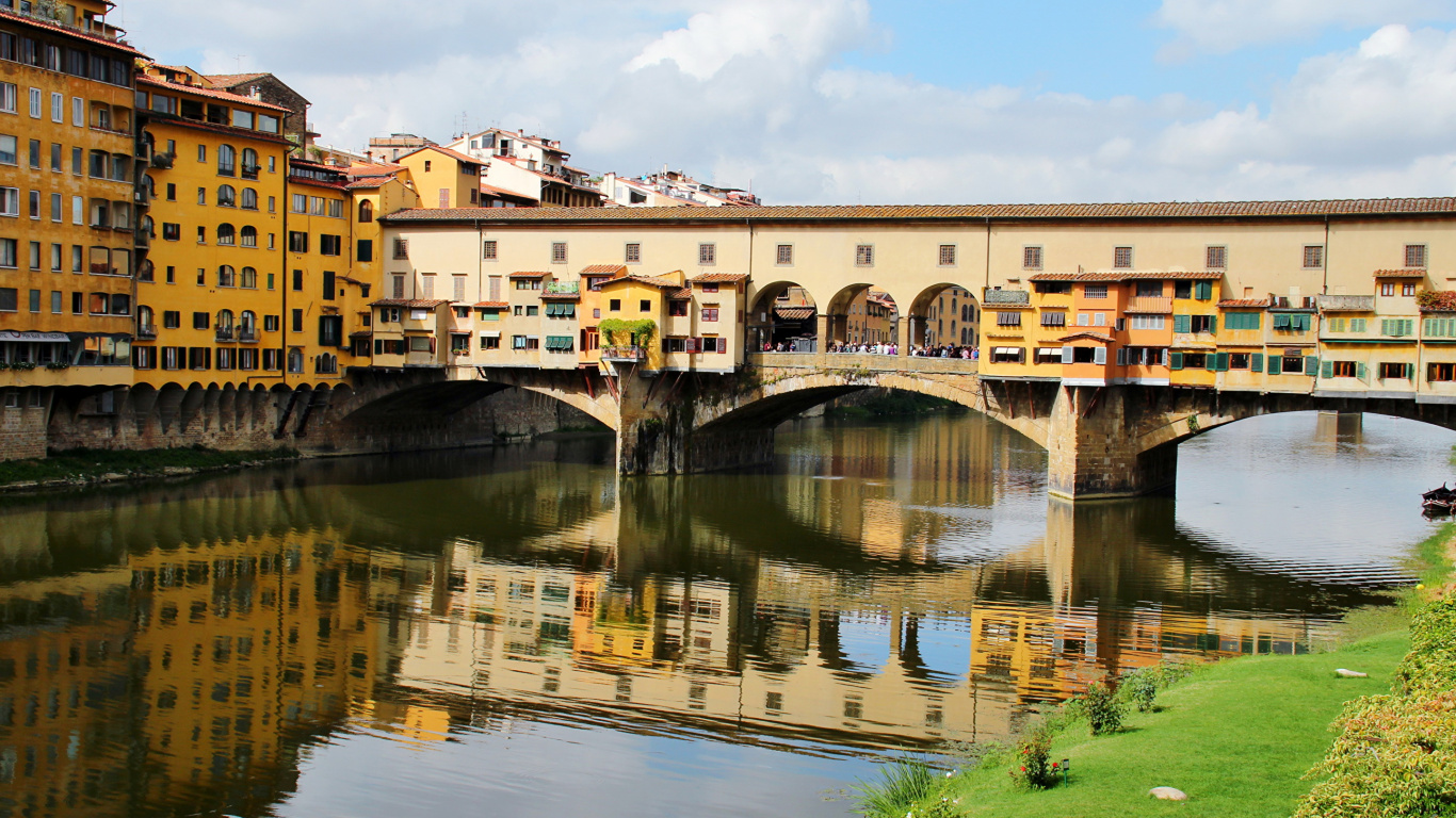 Обои отражение, реки, мост, водный путь, городок в разрешении 1366x768