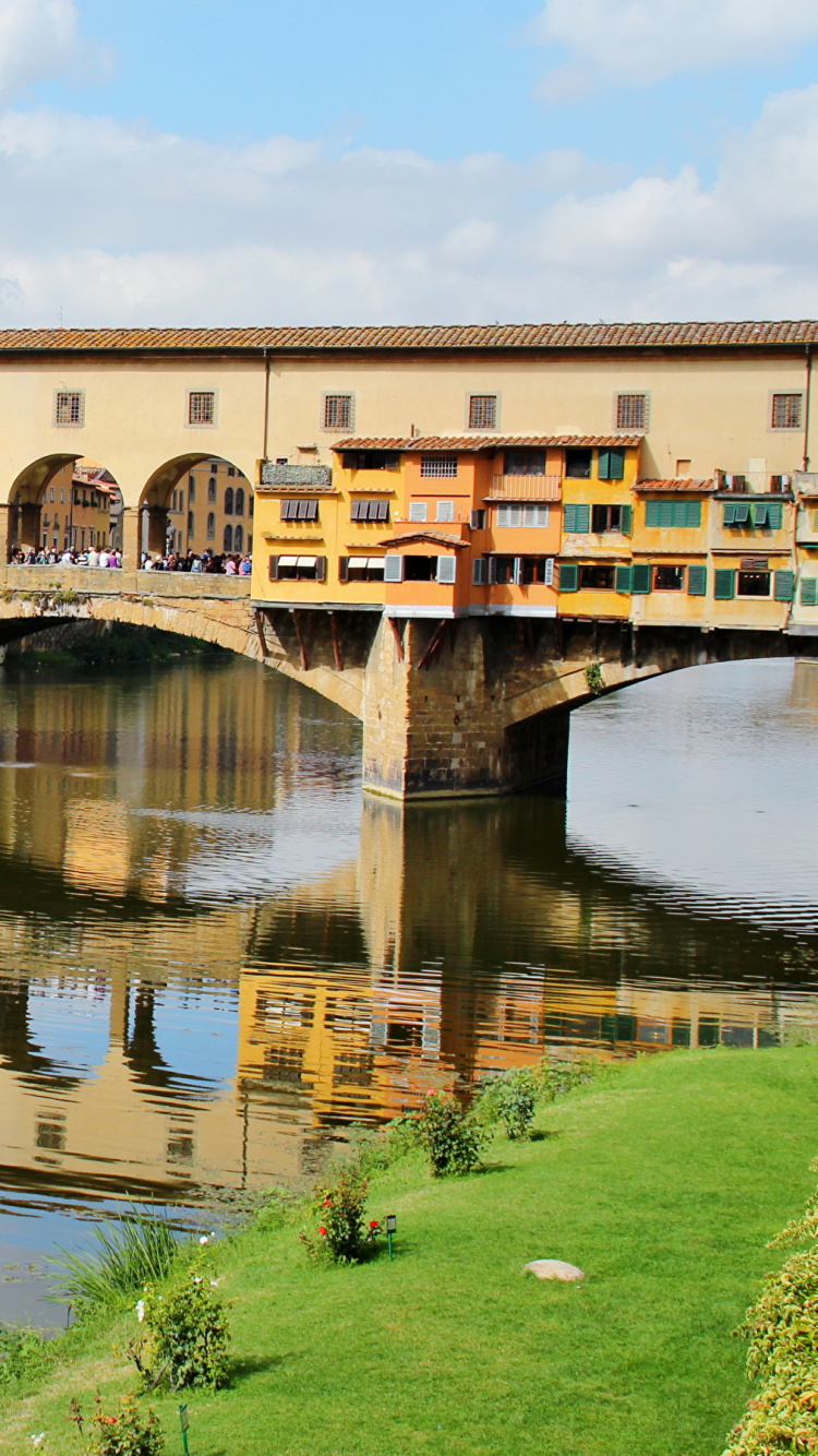 Обои отражение, реки, мост, водный путь, городок в разрешении 750x1334