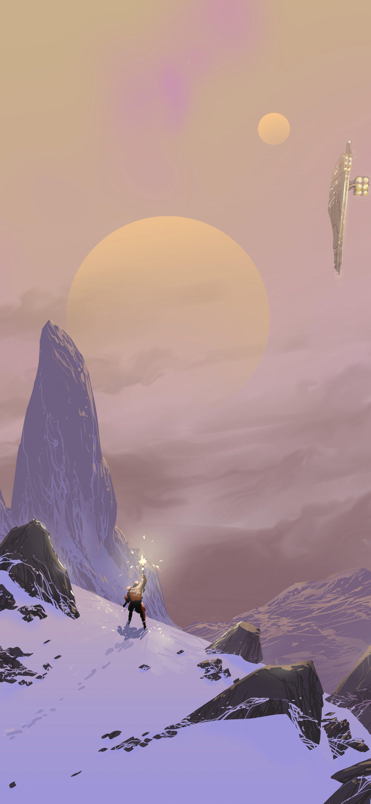 Обои силуэт, арт, иллюстрация, горный хребет, атмосфера в разрешении 1242x2688