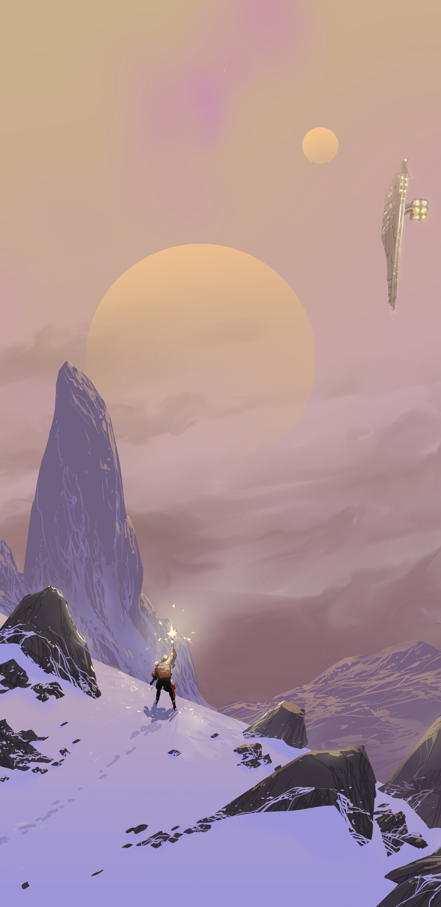 Обои силуэт, арт, иллюстрация, горный хребет, атмосфера в разрешении 1440x2960