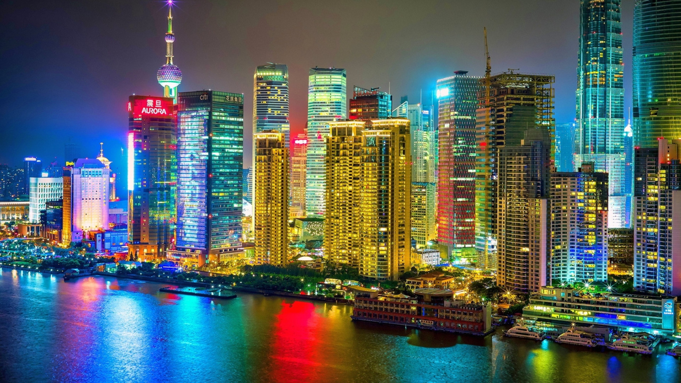 Обои Шанхай ночью, город, ночь, городской пейзаж, метрополия в разрешении 1366x768
