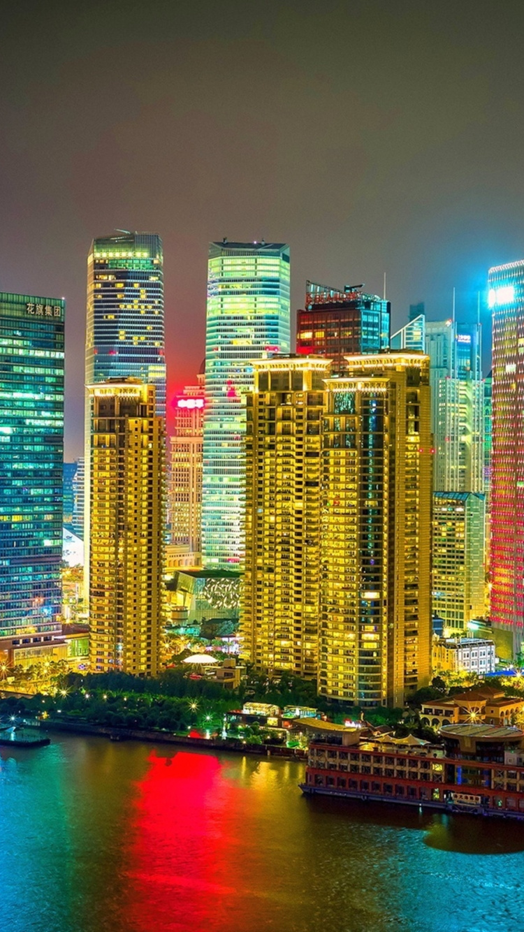 Обои Шанхай ночью, город, ночь, городской пейзаж, метрополия в разрешении 750x1334