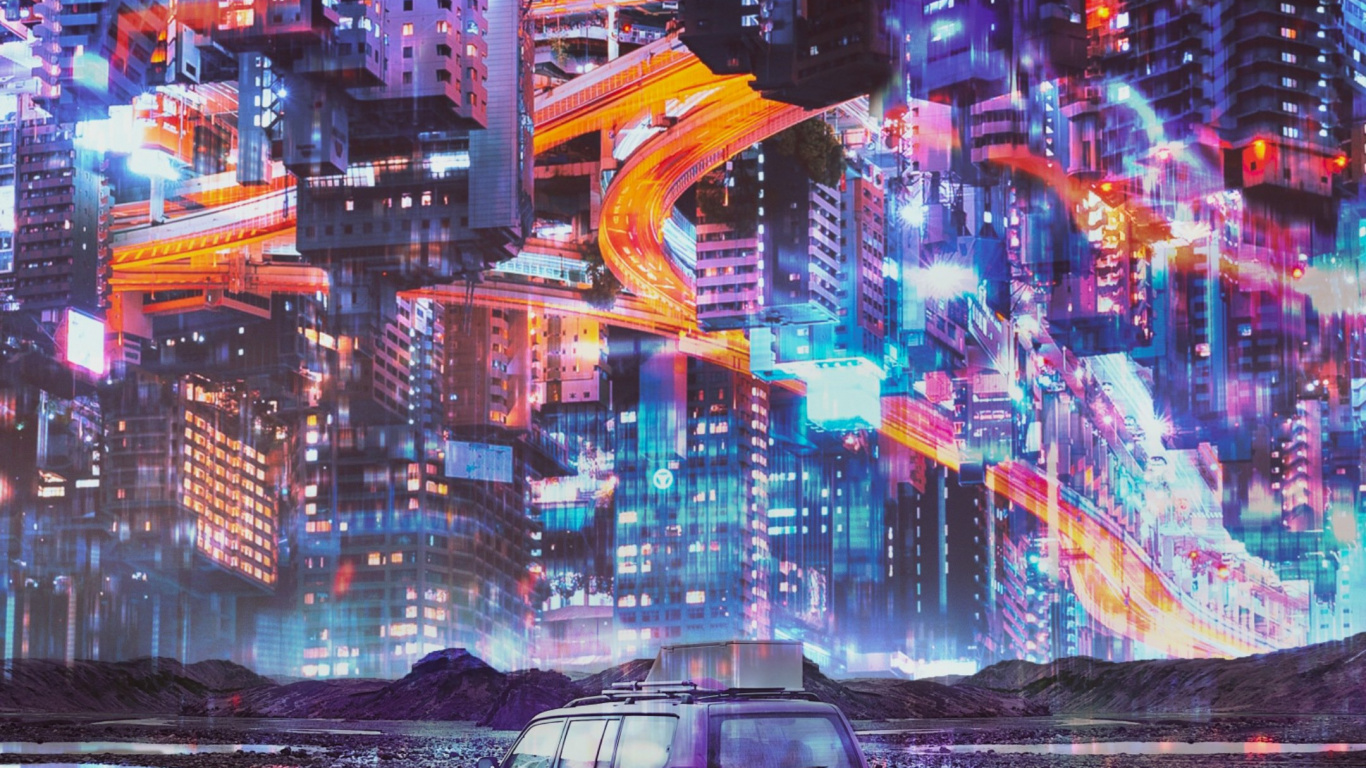 Обои сюрреалистический город, городской пейзаж, арт, висгун - социальная сеть, город в разрешении 1366x768