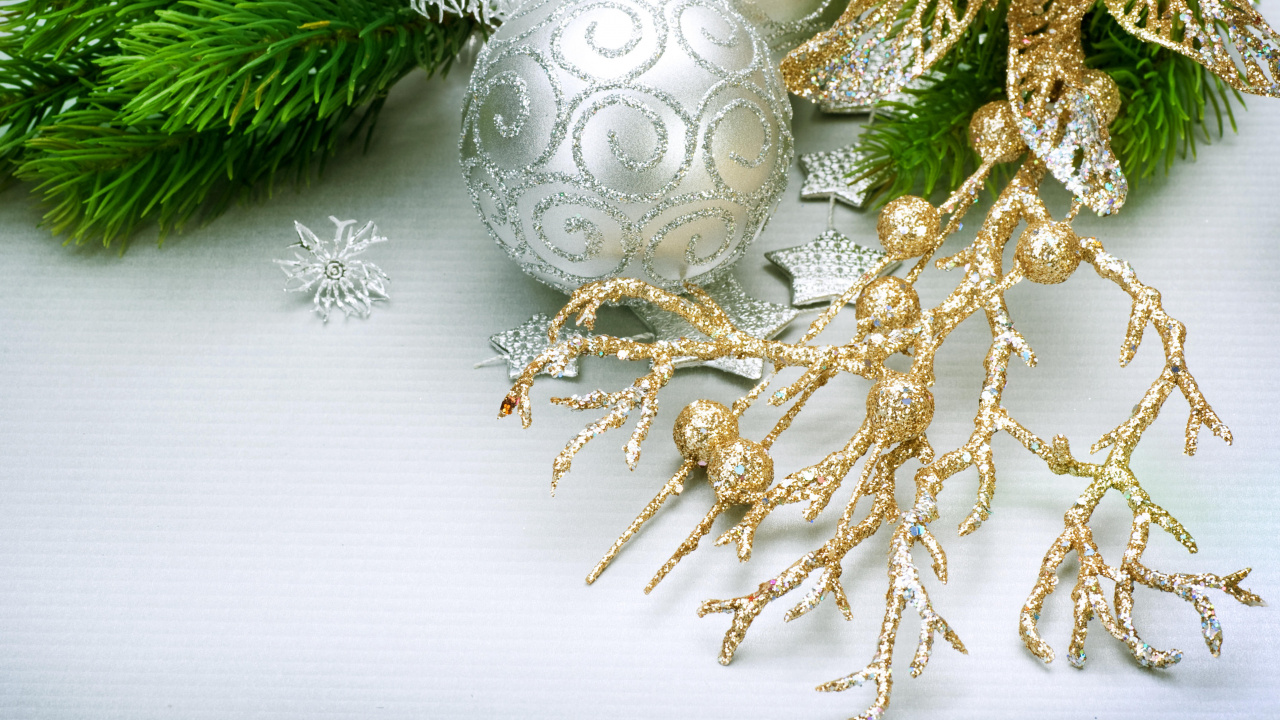 Обои Рождественский день, рождественский орнамент, Рождественские украшения, праздник, ветвь в разрешении 1280x720